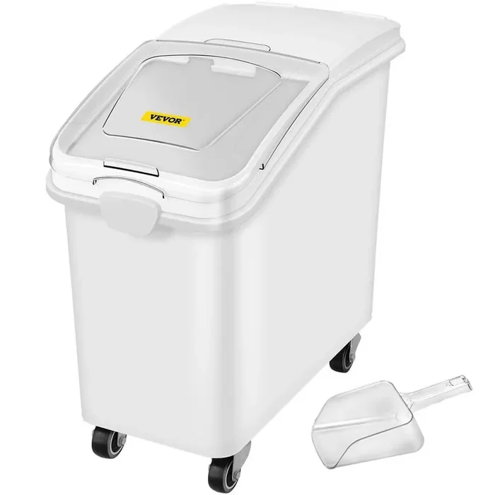 27 Gal. Ingredient Storage Bin with 500 Cup Commercial Food Container with Scoop and Sliding Lid for Kitchen,White