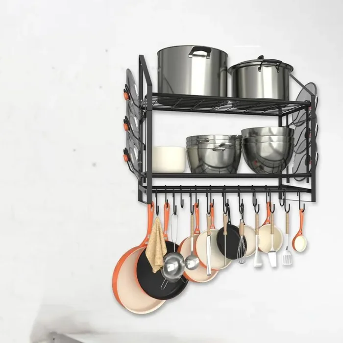28 in. 2-Tier Wall Mounted Black Pot Rack with Hooks, Lid Holders, Heavy Duty Cookware Organizer for Kitchen Storage