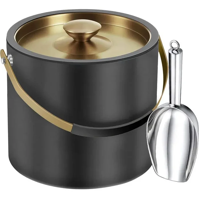 3.38 qt. Black Stainless Steel Insulated Ice Bucket with Silicone Lid, Scoop and Strainer for Parties