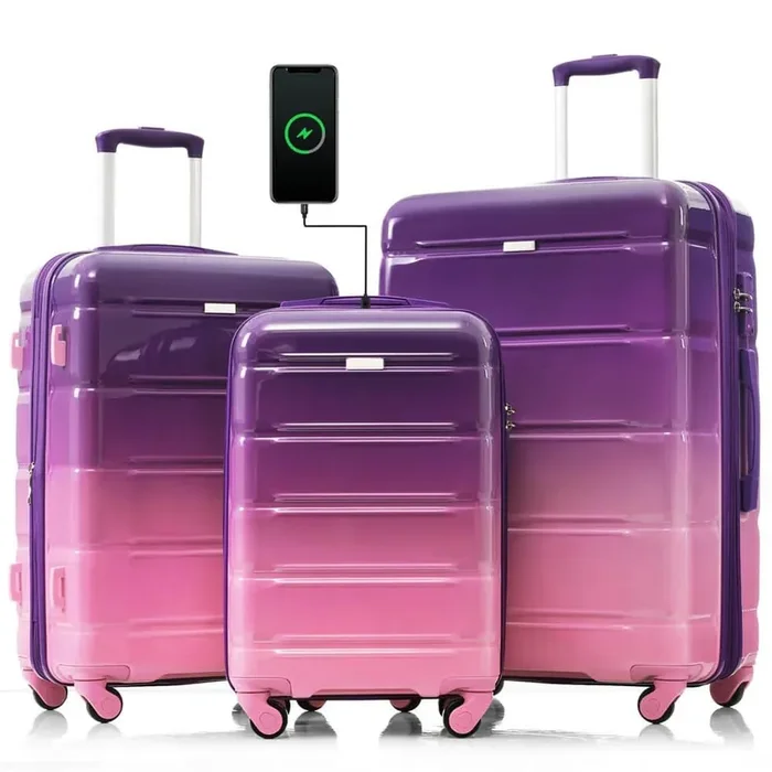 3 Bags 3-Piece Purple and Pink 20, 24, 28 in. ABS Plus PC Hardshell Spinner Luggage Set TSA Lock, USB Port (20 in.)