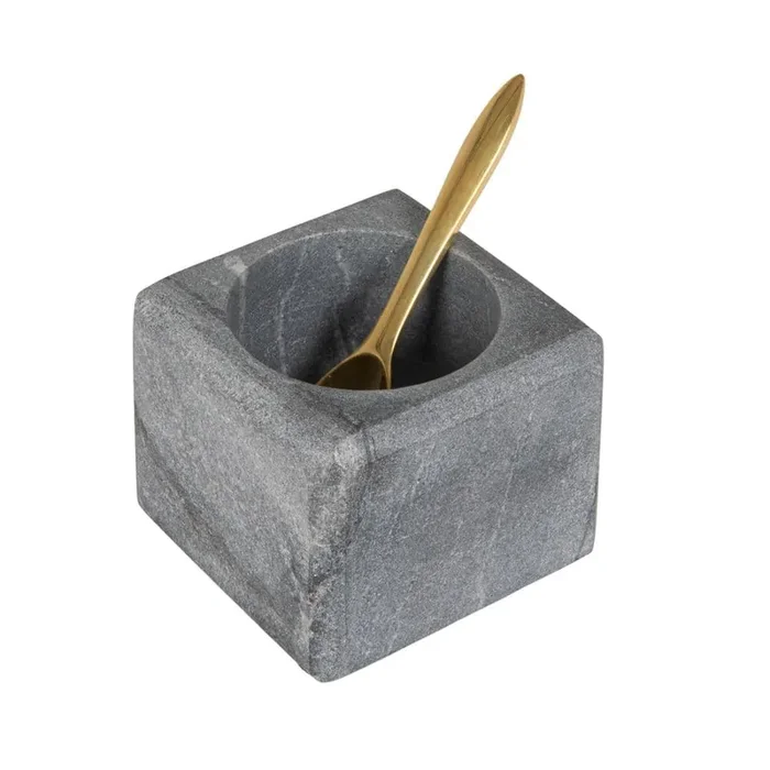 3 in. 11.2 fl. oz. Gray Marble Salt Serving Bowl with Gold Stainless Steel Spoon (Set of 2)