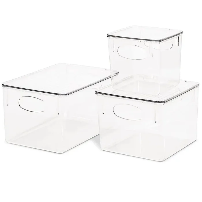 3-Pack Clear Plastic Stackable Pantry Organizer Set Storage Bins with Lid for Fridge