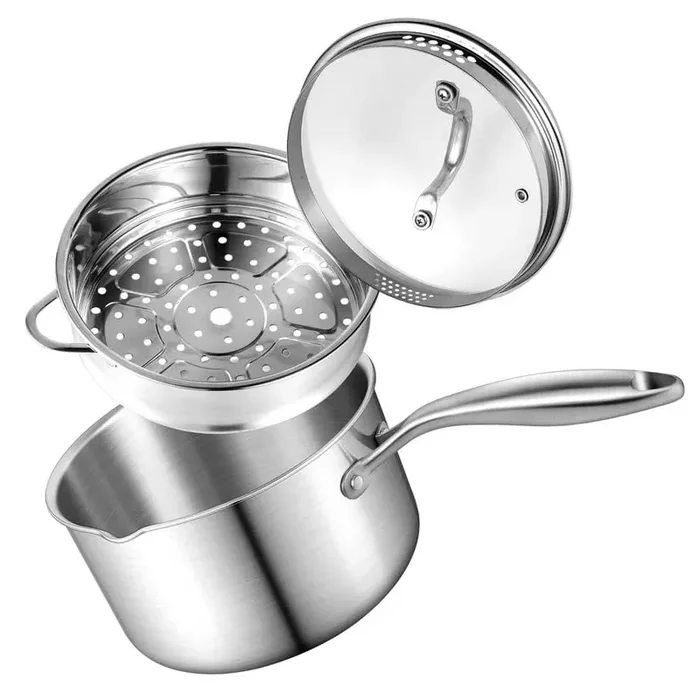 3-Piece 1.5 qt. Stainless Steel Sauce Pan with Steamer Basket, Multipurpose Sauce Pot with 2-Size Drainage Holes Lid