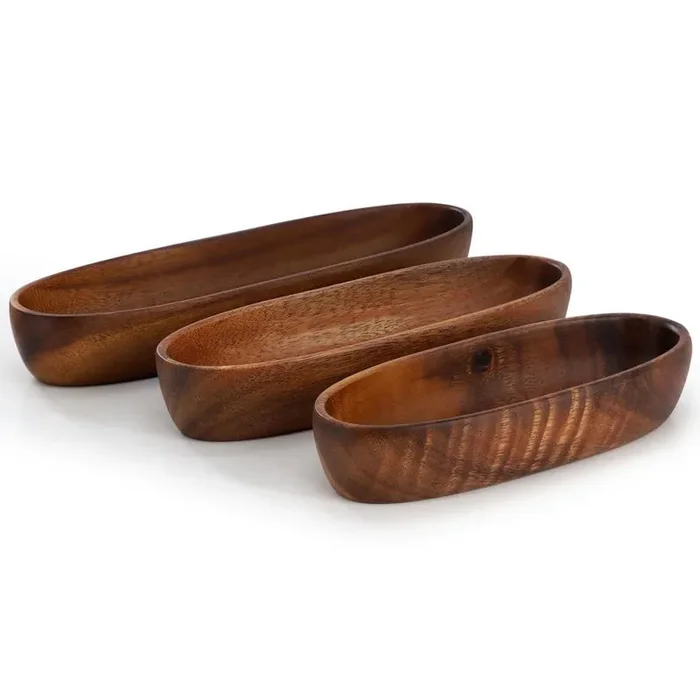 3 Piece 32 fl. oz. Dark Brown Acacia Wood Oval Serving Bowls in Assorted Sizes
