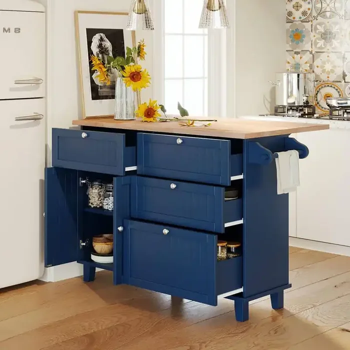3-Piece Blue Wood 50.3 in. Kitchen Island with Extended Table, 2-Seatings Kitchen Cart with 4-Drawers
