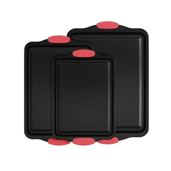 3-Piece Carbon Steel Baking Pan Set with Silicone Handles and Non-Stick for Cakes, Cookies or Pizza, Black