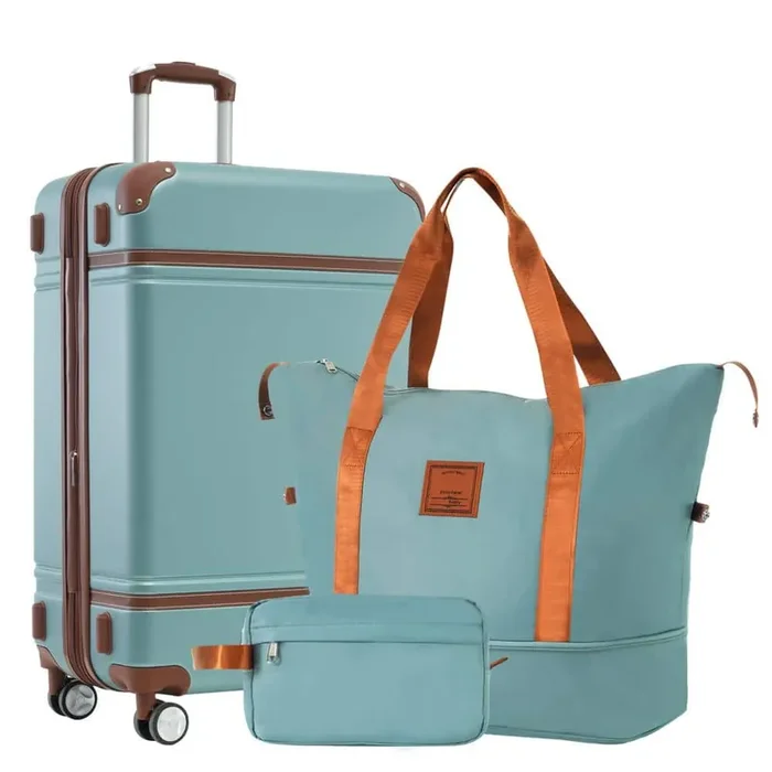 3-Piece Green ABS Hardshell Double Spinner 24in. Luggage Set with an Expandable Travel Duffel Bag, a Toiletry Bag