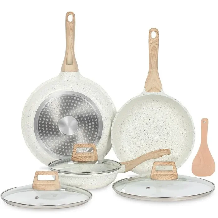 3-Piece Nonstick Aluminum Frying Pans Skillets Set with Lids, Non-Toxic Egg Omelette Cooking Pans Compatible, White