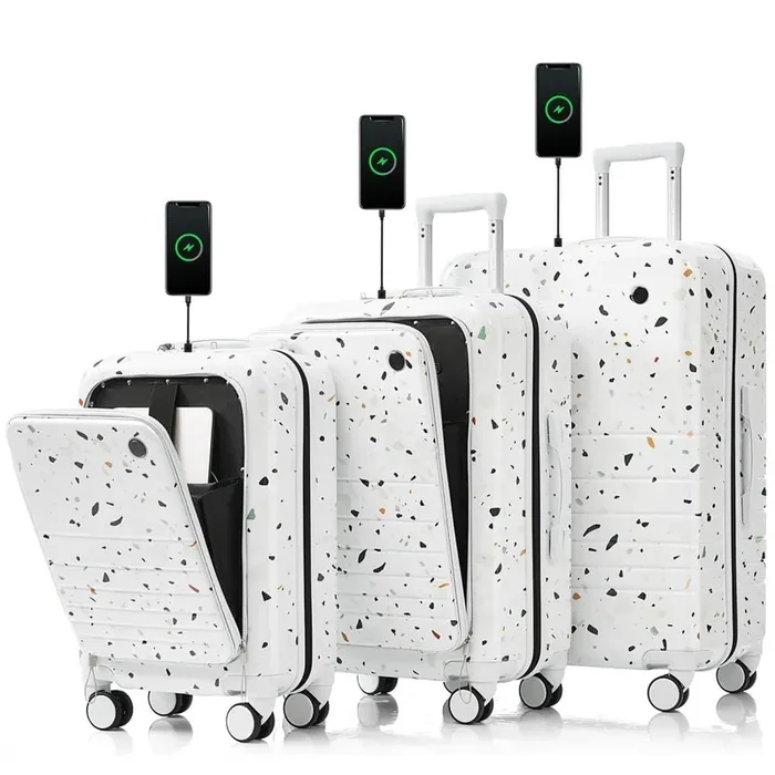 3-Piece Starry Sky White ABS+PC Spinner Luggage Set with Front Opening Design(20″+24″), USB Ports, Cup Holders, Hooks