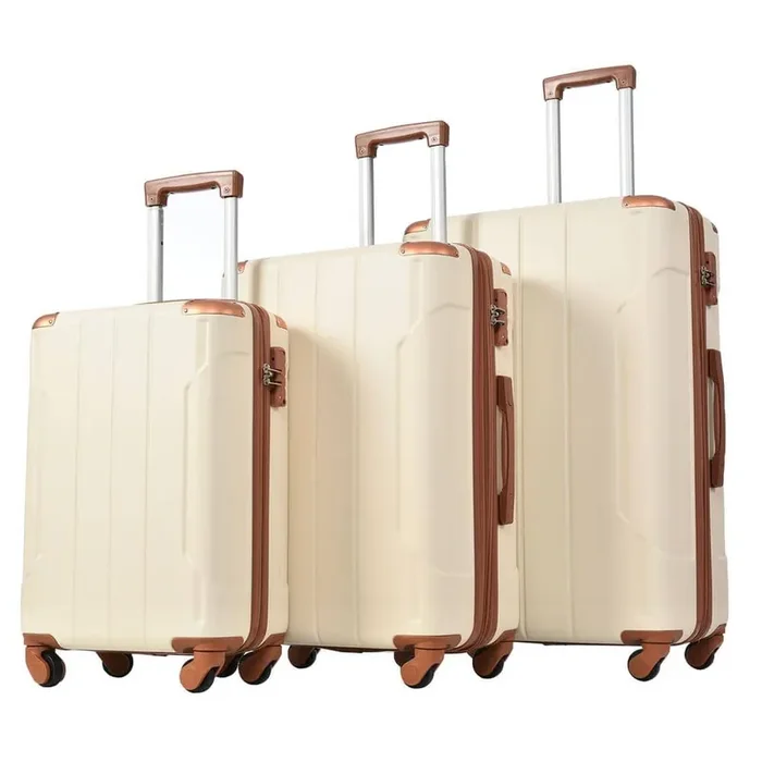 3-Piece White and Brown Hardshell Spinner Luggage Set with TSA Approved Lock, Lightweight and Telescopic Handle