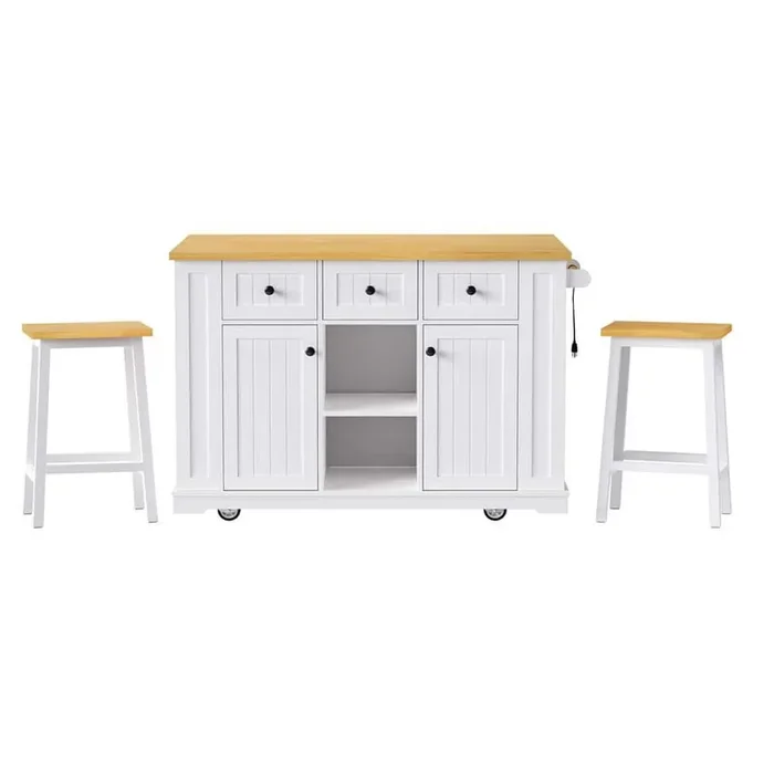 3-Piece White Wood 53 in. Kitchen Island on 5 Wheels with 2 Bar Stools, Power Outlet and 3 Drawers