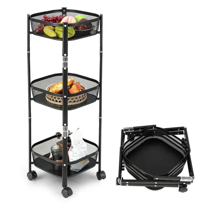 3 Tier Black Folding Metal Rolling Kitchen Cart Storage Rack Square Shape