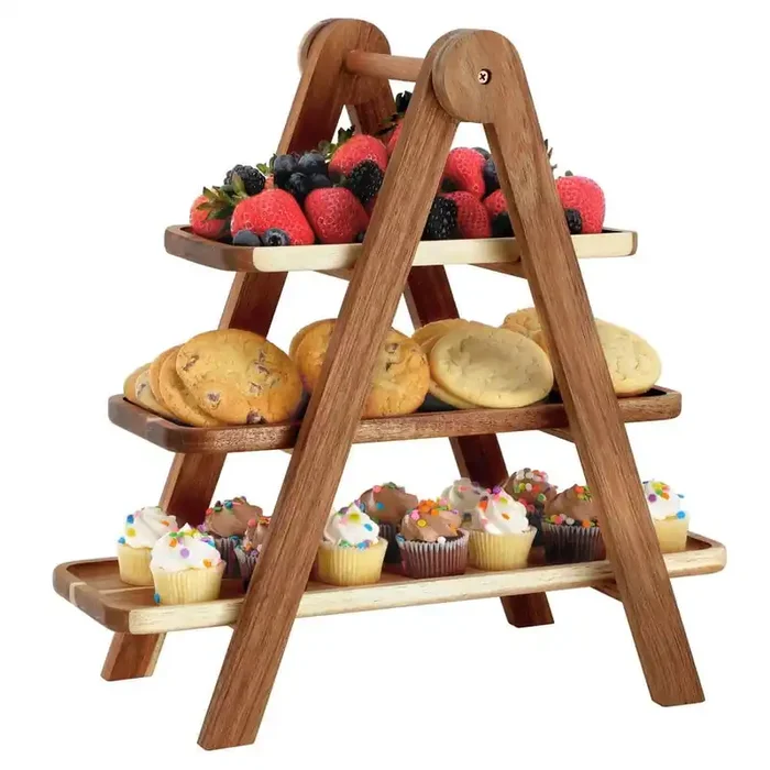 3-Tier Brown Acacia Wood Rectangular Cake Stand Ladder Tray Set