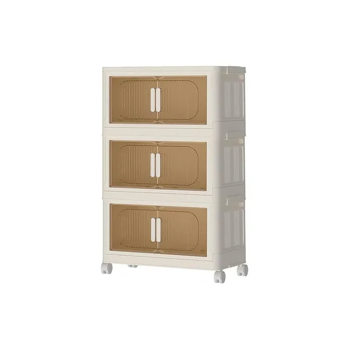3 Tier Cream White Plastic Storage Cabinet, Folding Kitchen Closet Organizer with Clear Magnetic Door and 4 Wheels