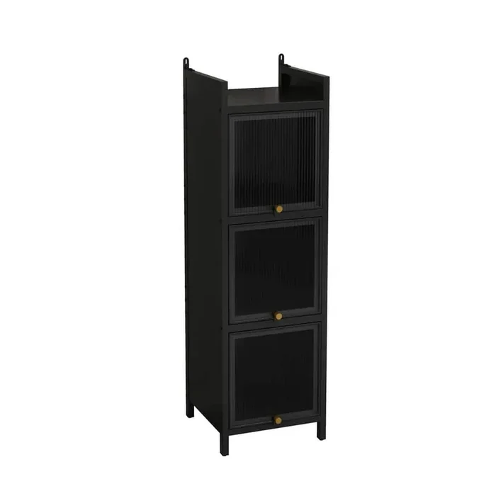 3-Tier Freestanding Iron Pantry Storage Cabinet with 3 Flip-up Glass Doors for Dining Room, Kitchen, Bathroom in Black