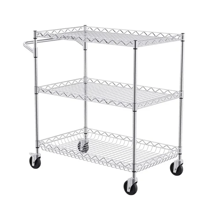 3-Tier Kitchen Cart, 661 lbs. Capacity, Steel Service Trolley with 3.15 in. Deep Basket, Curved Handle and 6-Hooks