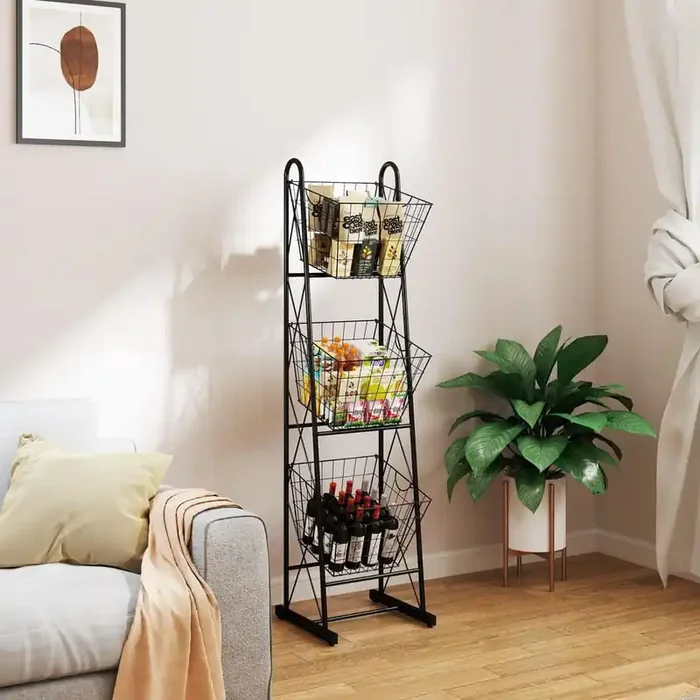 3-Tier Kitchen Storage Basket Pantry Organizer, Freestanding Metal Wire Rack for Fruit, Vegetables, and Pantry, Black