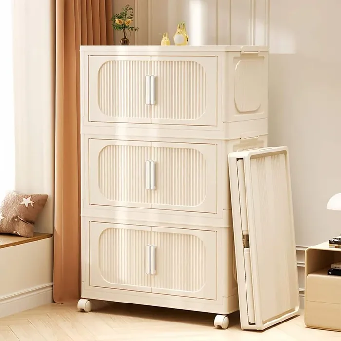 3-Tier Plastic Collapsible Storage Cabinet on Wheels, Storage Bins Closet Organizer with Magnetic Door, Cream White