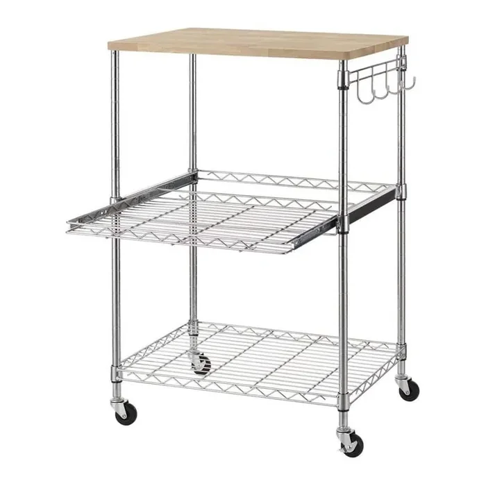3-Tier Rolling Kitchen Cart, 23 in. x 15 in. Chrome Microwave Cart with Oak Wood Tabletop, Hooks and Drawer Slider