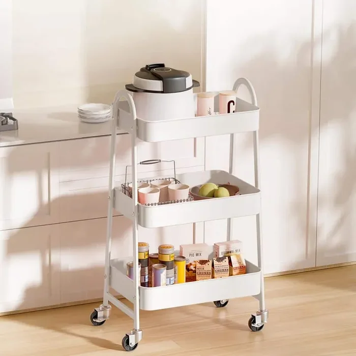 3-Tier White Metal Rolling Cart, Utility Storage Organizer Kitchen Trolley for Bathroom, Laundry Room, Office