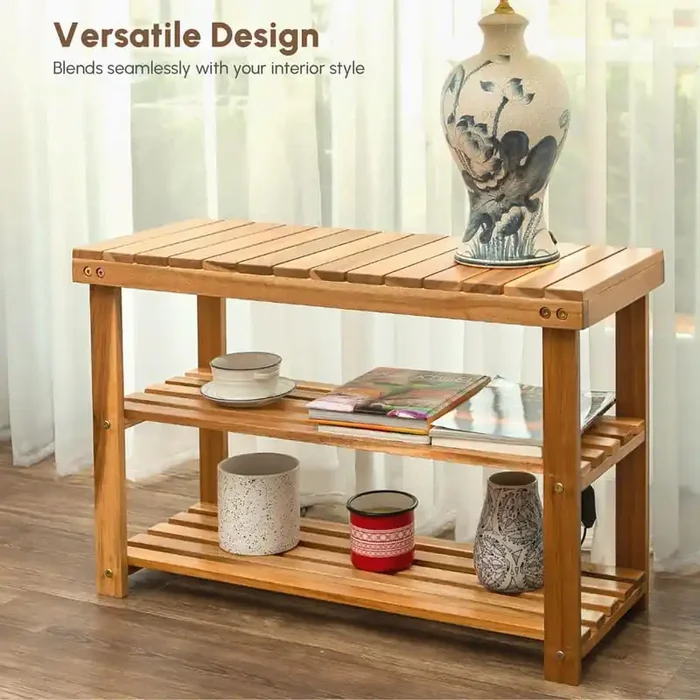 3-Tier Wooden Shoe Organizer for Entryway, Front Door, or Bathroom, 300 lbs. Capacity, Shoe Rack Bench in Natural