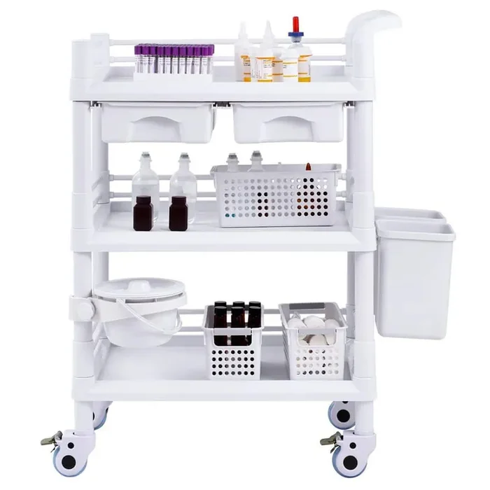 3 Tiers Lab Carts, White, Plastic, Kitchen Cart, with PP Material, Lab Utility Cart with 3 Trays & 4 Silent Wheels
