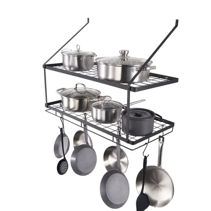 30 in. Black Wall Mounted Pot Rack with 12 S Hooks, 2-Tier Pot and Pan Hanging Rack