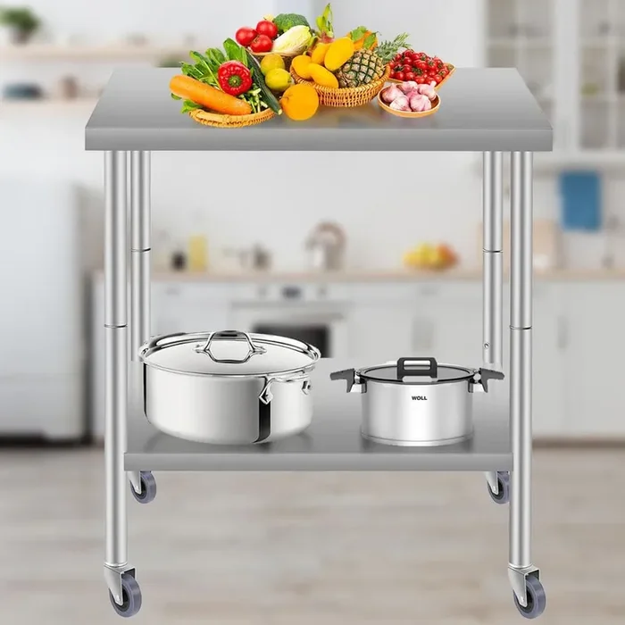 30 in. W x 24 in. H Silver Stainless Steel Kitchen Prep Table, Commercial Worktable on Wheels for Restaurant and Home
