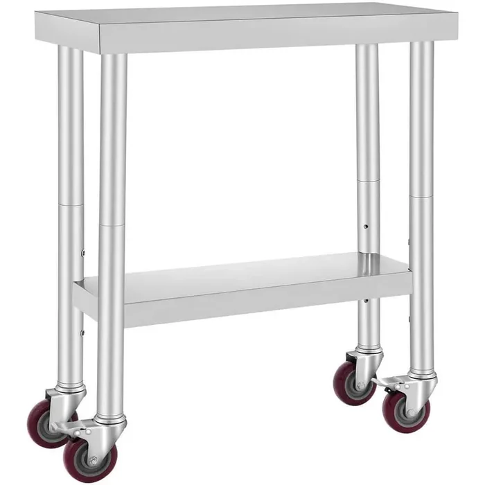 30 x 12 x 34 in. Stainless Steel Work Table 3-Stage Adjustable Shelf with 4-Wheels, Kitchen Prep Table, Silver