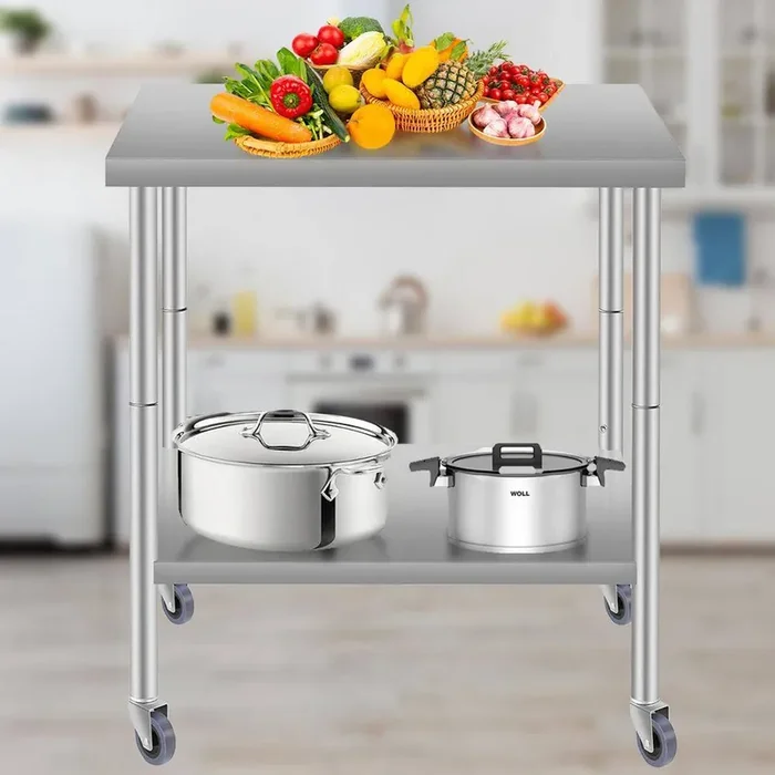 30‘‘x24‘‘ Commercial Work Table, Stainless Steel Kitchen Prep Table with Under Shelf & Wheels for Restaurant in Silver