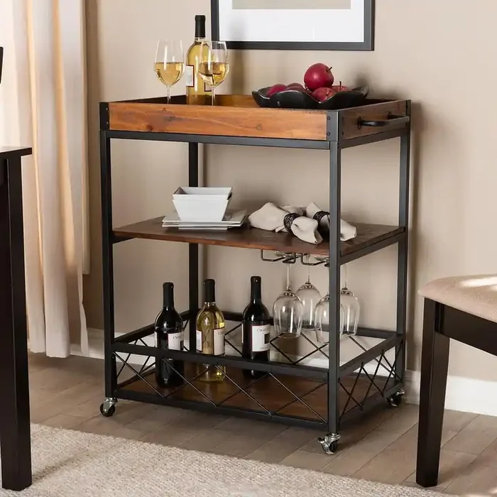 32.6 in. Tall Industrial Style Rolling Kitchen Cart with Glass Rack in Dark Oak