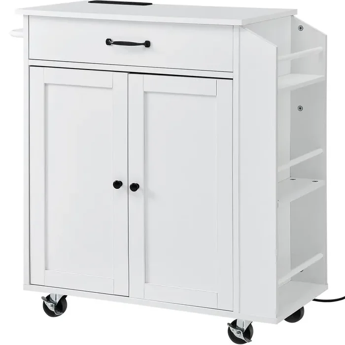 32 in. Kitchen Cart Natural Wood Top Mobile Storage with Power Outlet, Towel Bar, Shelf and Drawer, Rolling White