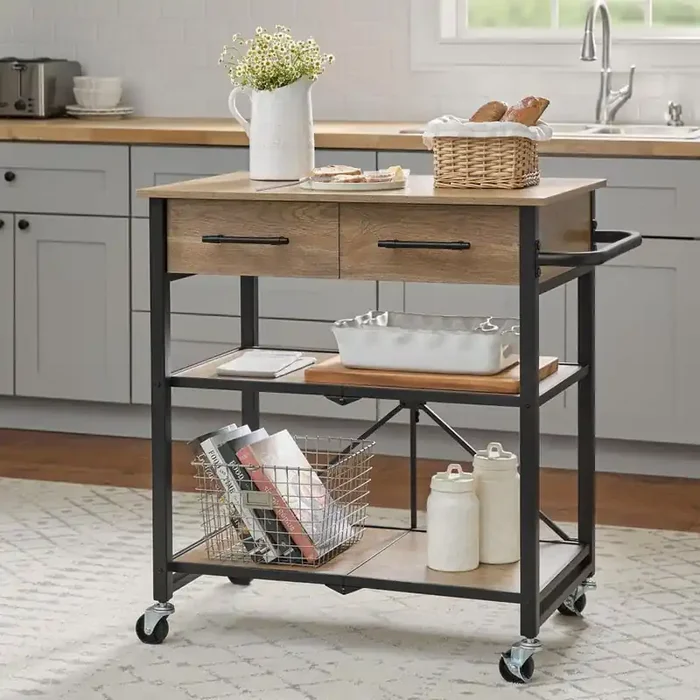 32 in. Wood Folding Kitchen Cart with Metal Frame, 2-Drawers, 2-Shelves, and Wheels for Storage and Mobility