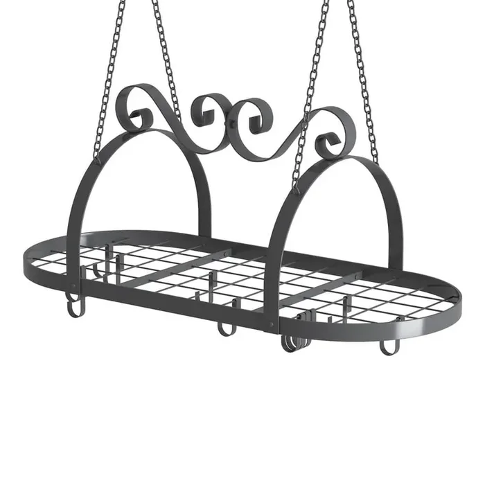 33 in. Pots and Pans Hanging Rack, Black Oval Ceiling Pot Rack with Grid, Metal Pan Rack Hanging Organizer with Hooks