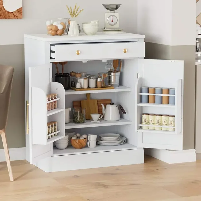 35.4 in. Wood Pantry Organizer with Drawer, 2 Adjustable Shelves and 2 Door Shelves in White
