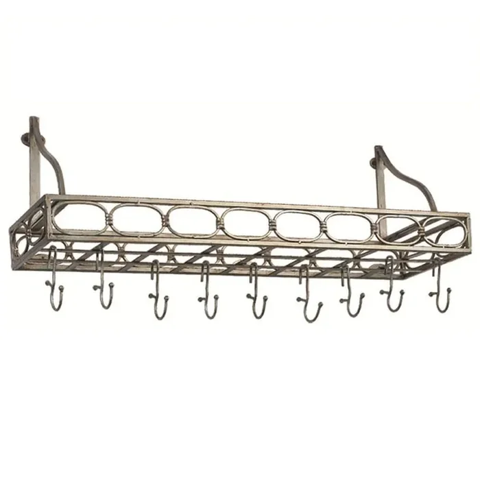 36 in. x 9 in. x 11.5 in. Antique Pewter Bookshelf Pot Rack with 8 Hooks