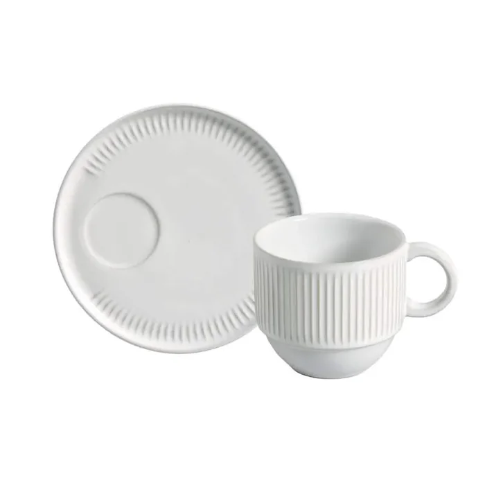 4.06 oz. New White Stoneware Linhas Stackable Coffee Cup with Saucer (Set of 6)