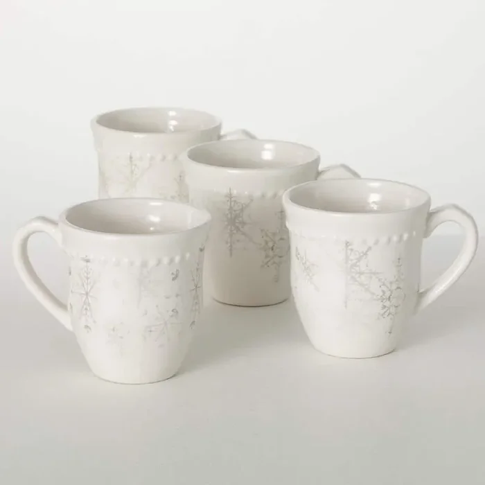 4.25″ White & Silver Snowflake Christmas Mug Set of 4