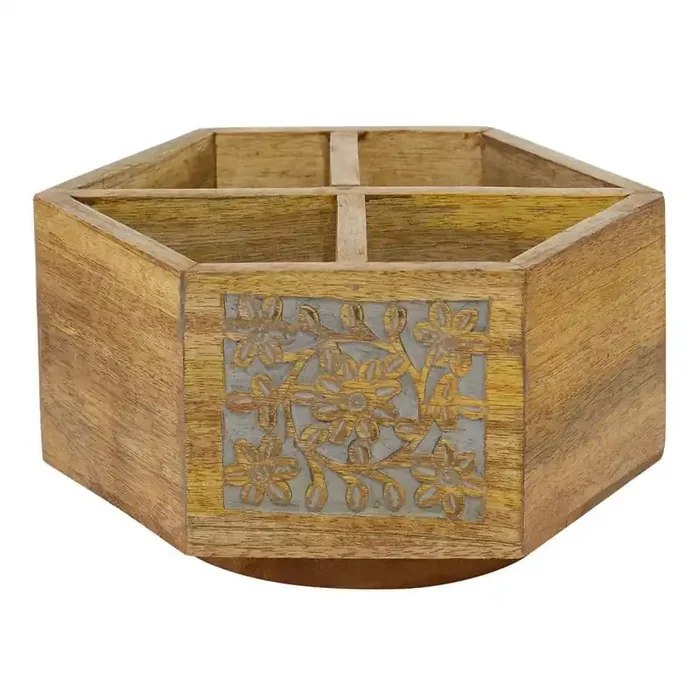 4- Bottle Brown Intricately Carved Floral Wine Holder with Lazy Susan