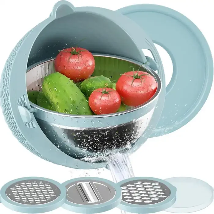 4 in. 1 Blue Stainless Steel Colander and Bowl Set with Rotatable Strainers Food Strainers and Colanders for Kitchen
