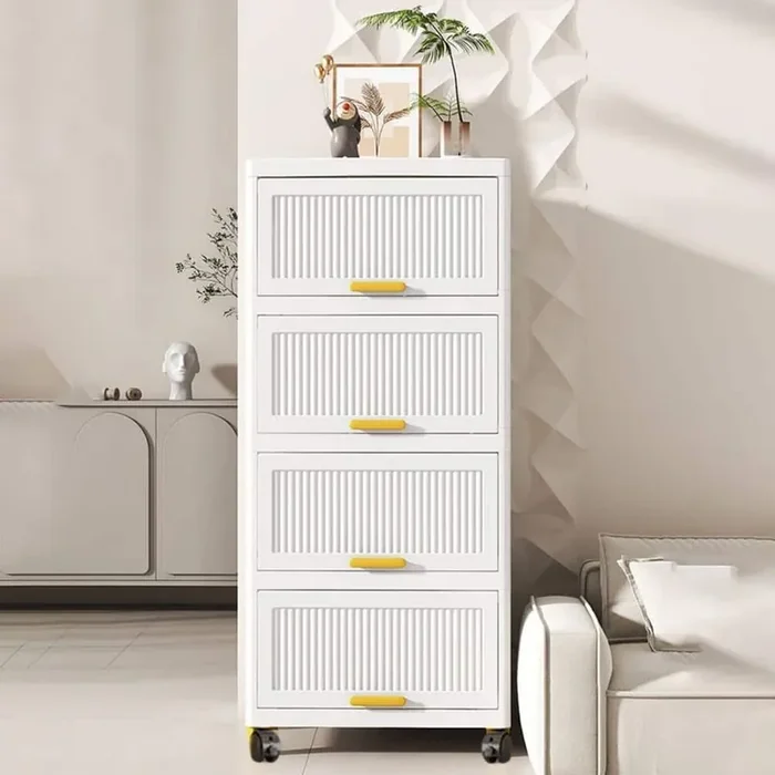 4-Layers Flip Open Storage Box With Wheels, Movable Storage Cabinet, Kitchen Shelf, Movable Storage Box-White