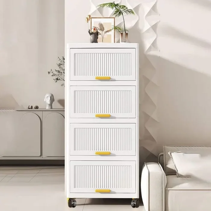 4-Layers Flip Open Storage Box With Wheels, Movable Storage Cabinet, Kitchen Shelf, Movable Storage Box in White