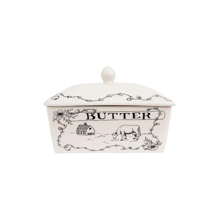 4 oz. White and Black Stoneware Butter Dish with Lid