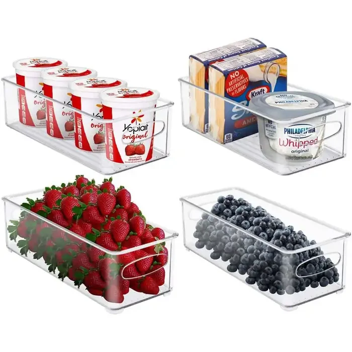 4 Pack Clear Plastic Storage Bins for fridge and Pantry Stackable organizer set