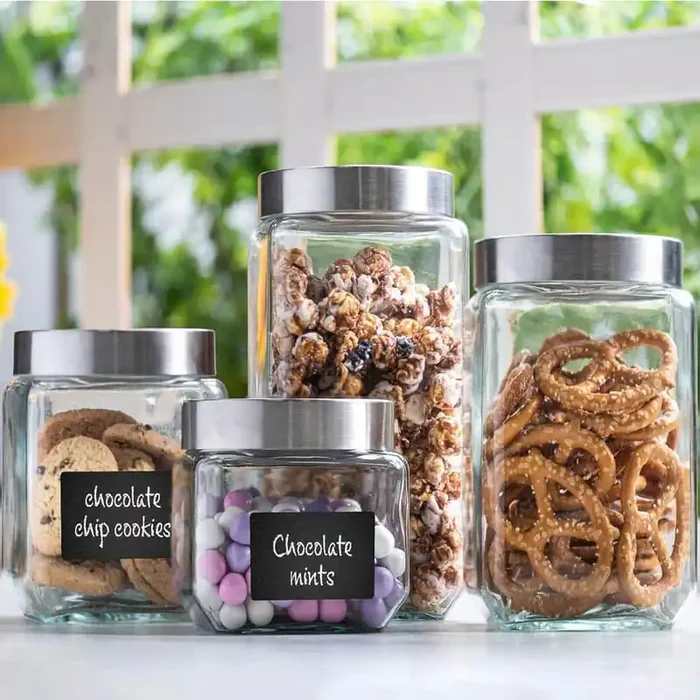4 Pieces Square Glass Cookie Jars with Airtight Lids + Marker AND Labels for Kitchen Counter or Bathroom, Clear