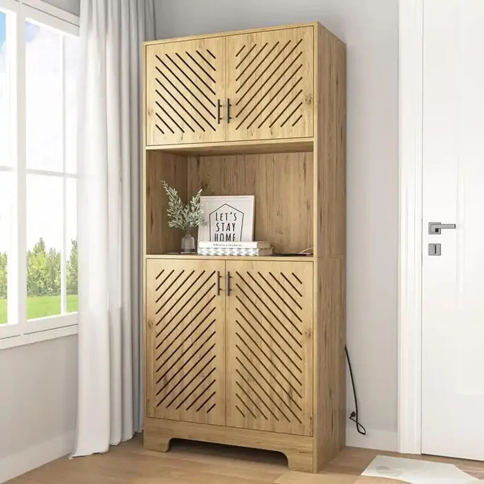 4-Shelf Brown Wood Kitchen Pantry Organizer Cupboard Kitchen Island Bar Cabinet with Adjustable Shelves, Sockets