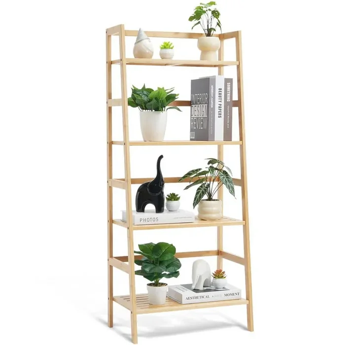 4-Tier Bamboo Ladder Shelf, Trapezoid Open Bookcase, Display Storage Rack Organizer, Freestanding Plant Stand Wood