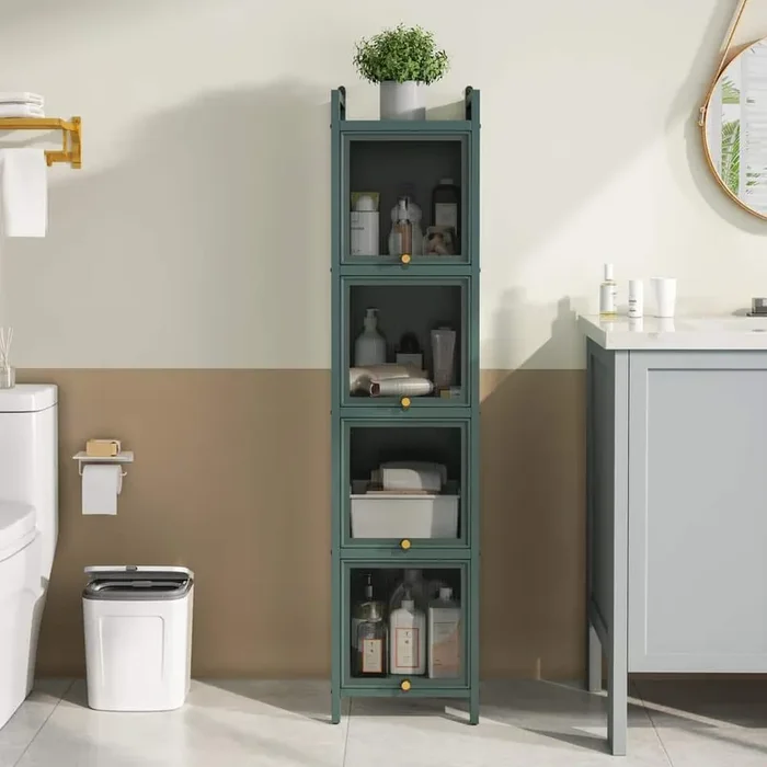 4-Tier Freestanding Iron Pantry Storage Cabinet with 3 Flip-up Glass Doors for Dining Room, Kitchen, Bathroom in Green