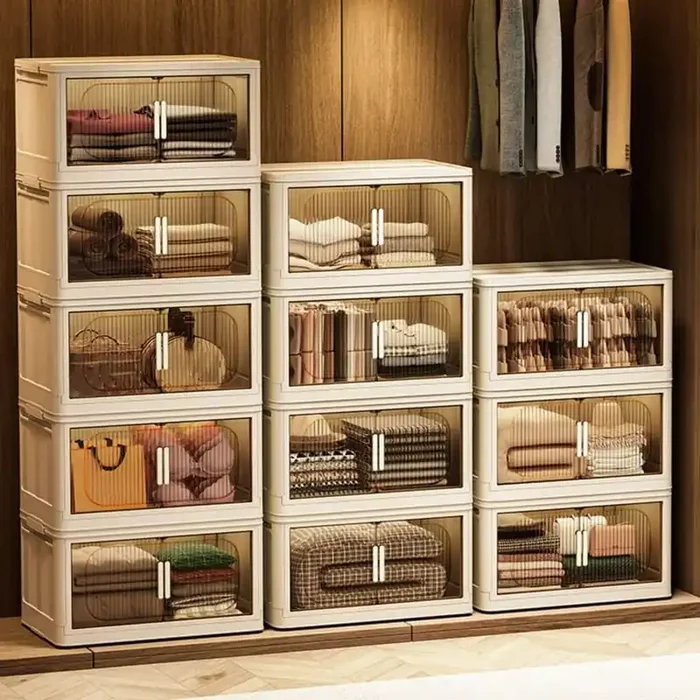 4-Tier Plastic Collapsible Storage Cabinet on Wheels, Storage Bins Closet Organizer with Magnetic Door, Clean