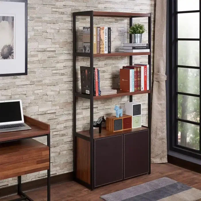 4-Tier Storage Shelves, Kitchen Pantry, Bookshelf with 2-Doors, Walnut